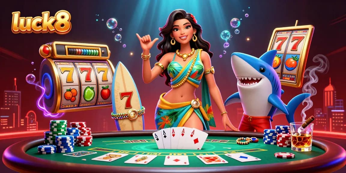 Play luck8 slot games with vibrant reels and jackpot counters surrounded by festive characters.