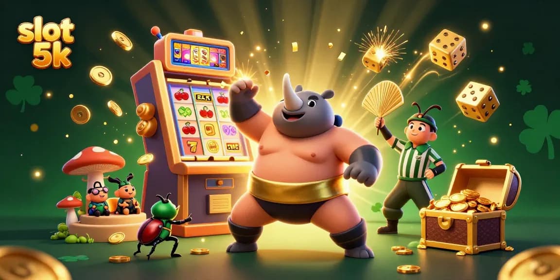 Experience the thrill of slot 5k gaming with a dynamic scene featuring a sumo champion beetle and vibrant casino elements.