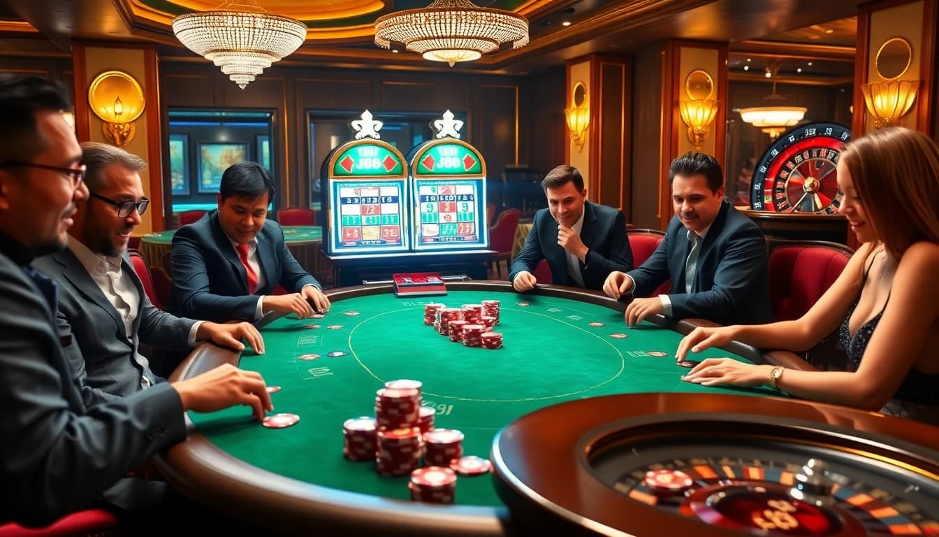 Exciting gaming scene at J88 casino with players engaged in poker and vibrant slot machines.