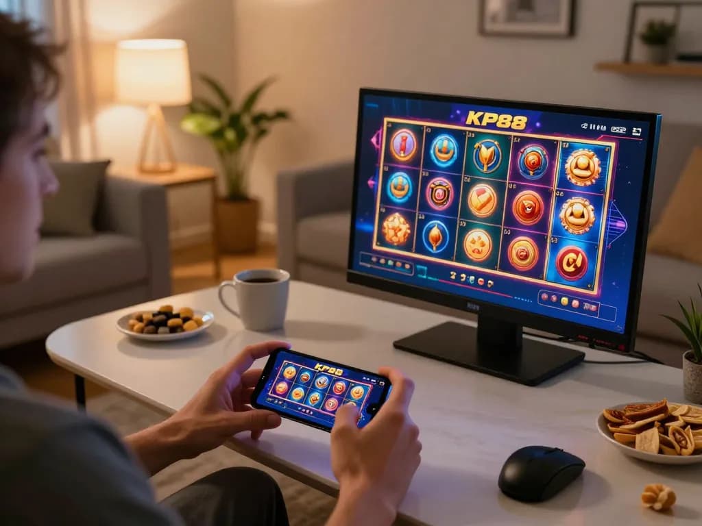 Player enjoying KP88 mobile gaming experience with vibrant slot machine graphics, engaging gameplay atmosphere.