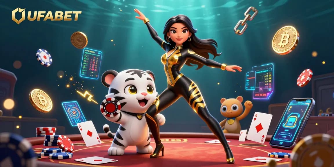 Play poker at the vibrant UFABET casino with a fantasy woman and baby tiger, showcasing winning hands.