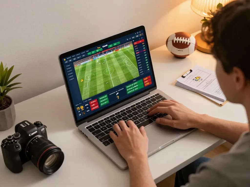 Engaging online sports betting scene with kèo nhà cái displayed on a laptop, person focused on real-time gameplay.