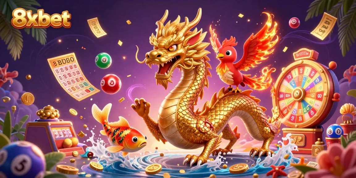 Spin to win with 8xbet: an enchanting scene of luck featuring vibrant dragons and coins.