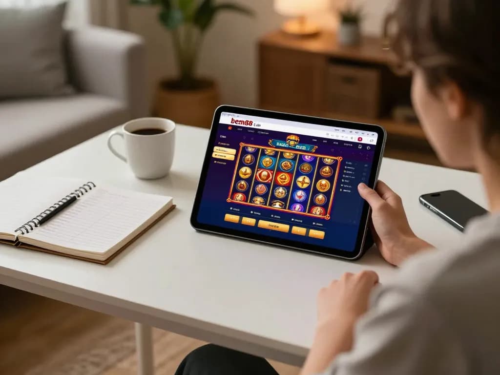 Engaging with bem88 nhà cái through a vibrant mobile casino interface on a tablet, with strategic notes nearby.