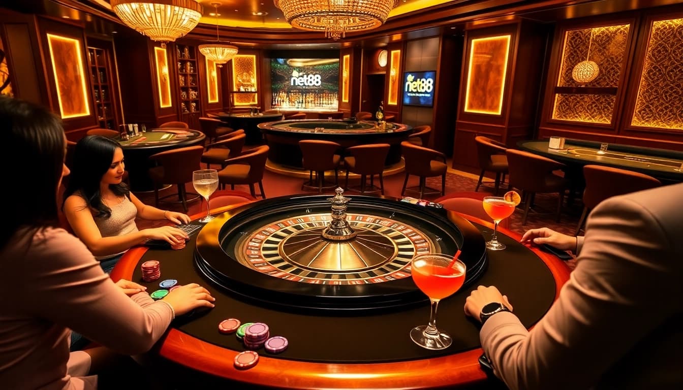 Players at a luxe casino engage in excitement with net88 branding at the forefront.