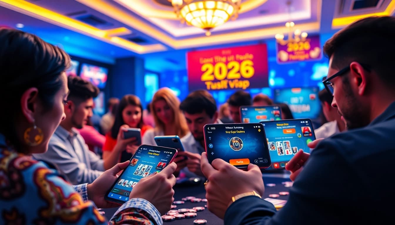 Nhatvip APK iOS Android users engaging in online gambling with smartphones showcasing vibrant gaming graphics.