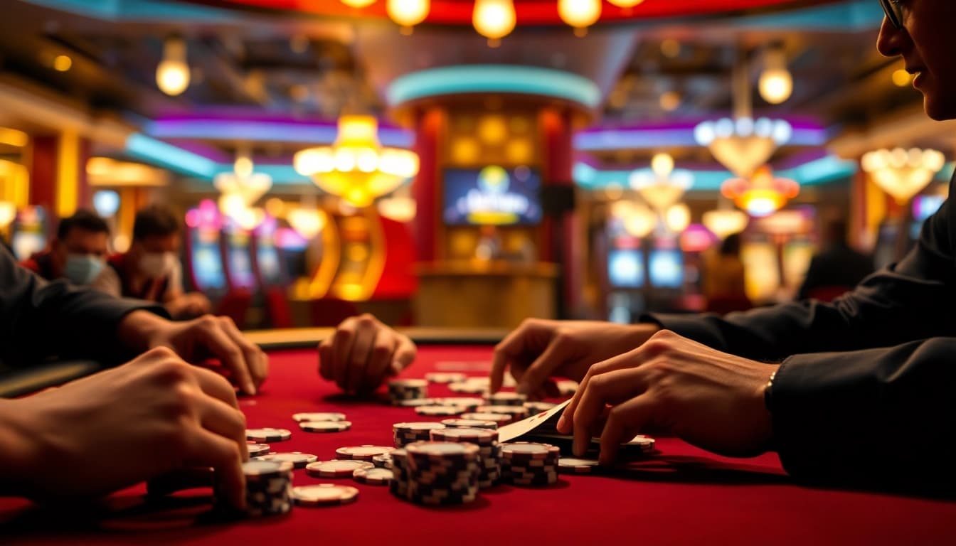 Permainan poker88 yang intens dengan pemain berseri-seri di kasino yang meriah.