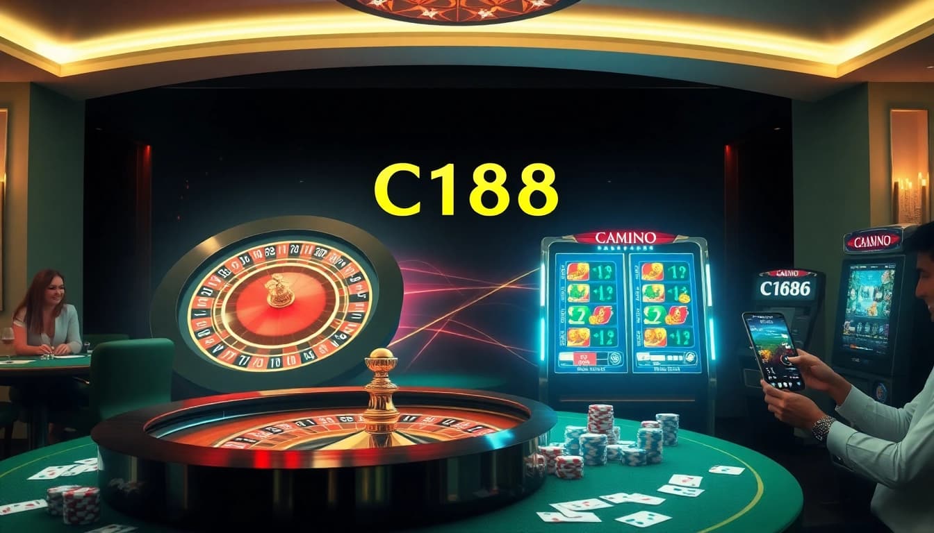 Experience winning strategies at C168 with an engaging online casino setup, showcasing roulette and slot machines.