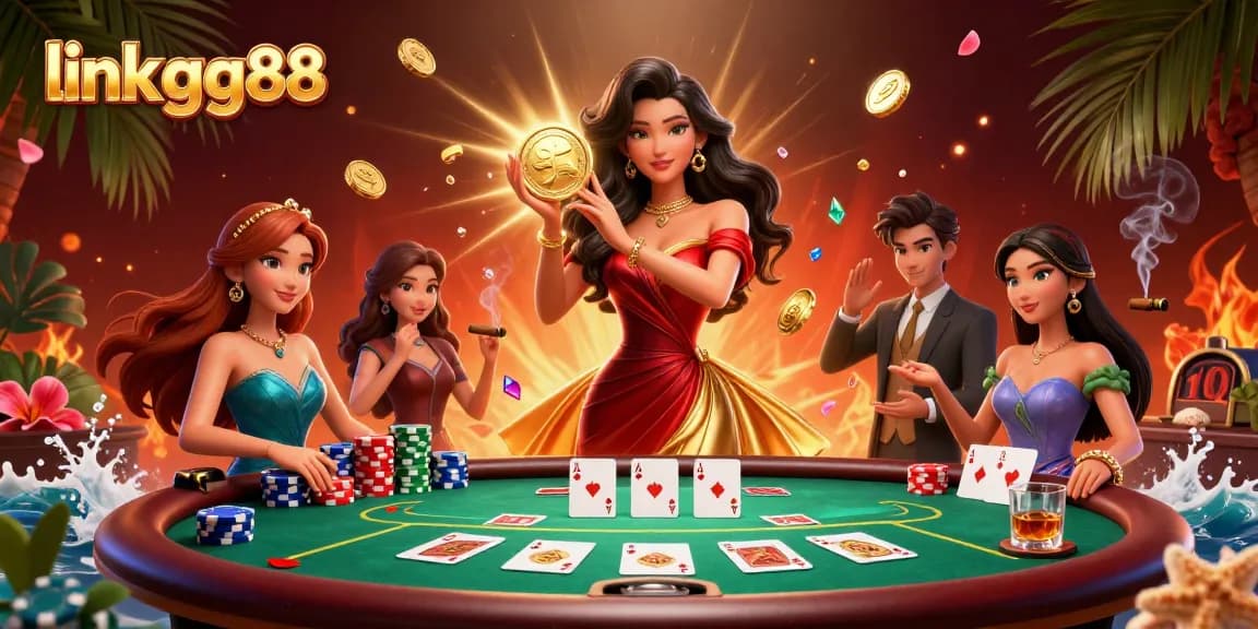 Join the excitement at link gg88 with a stunning Asian woman, golden coins, poker chips, and a vibrant casino atmosphere.