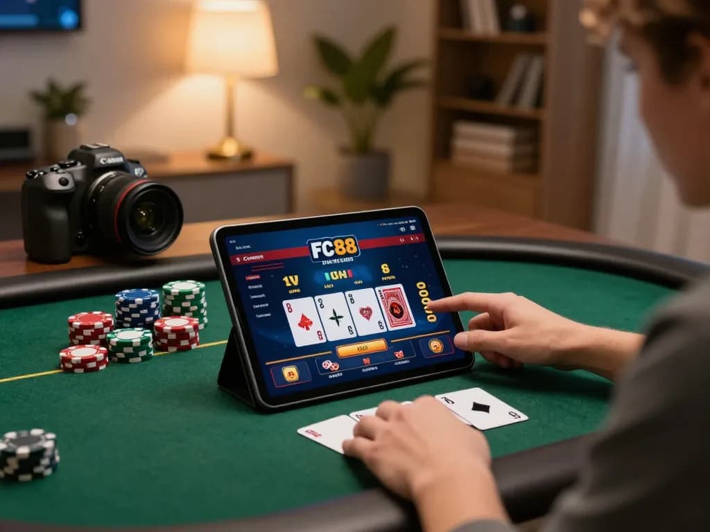 FC88 online casino player engaged in strategic gameplay at home with tablet showing betting options.