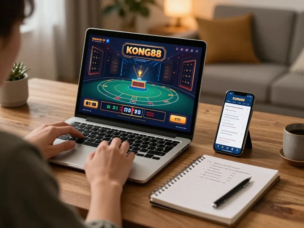 KONG88 online gaming session in modern home office, emphasizing responsible betting strategies.