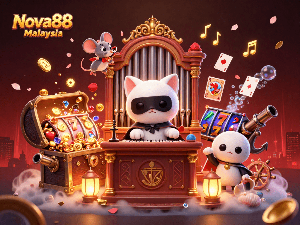 Permainan di Nova88 Malaysia menampilkan kucing putih berkostum di kasino dengan gemerlapan slot dan jackpot.