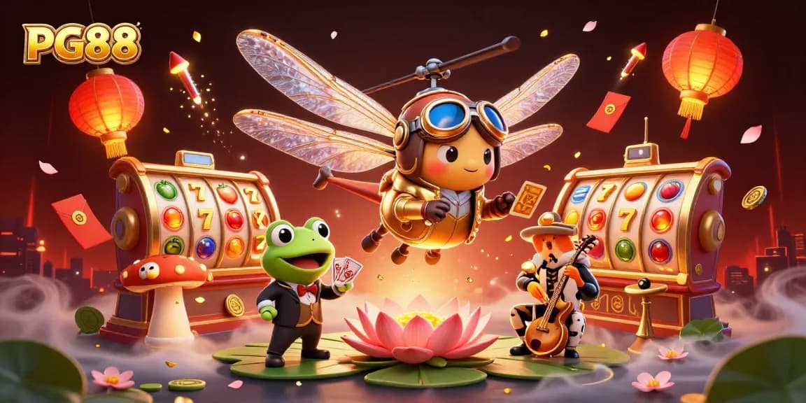 Engage in thrilling gameplay at PG88 with vibrant slot reels, a frog croupier, and jazzy musicians.