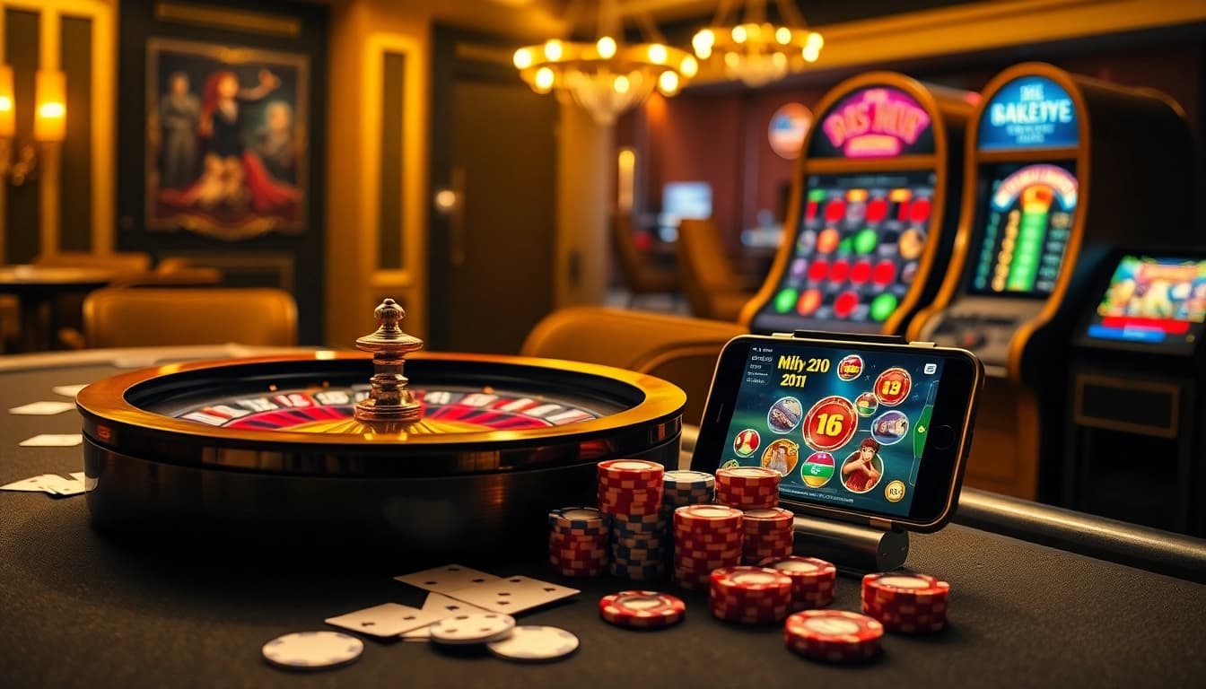 Exciting online gaming scene featuring Rikvip with poker chips, cards, and a roulette wheel.
