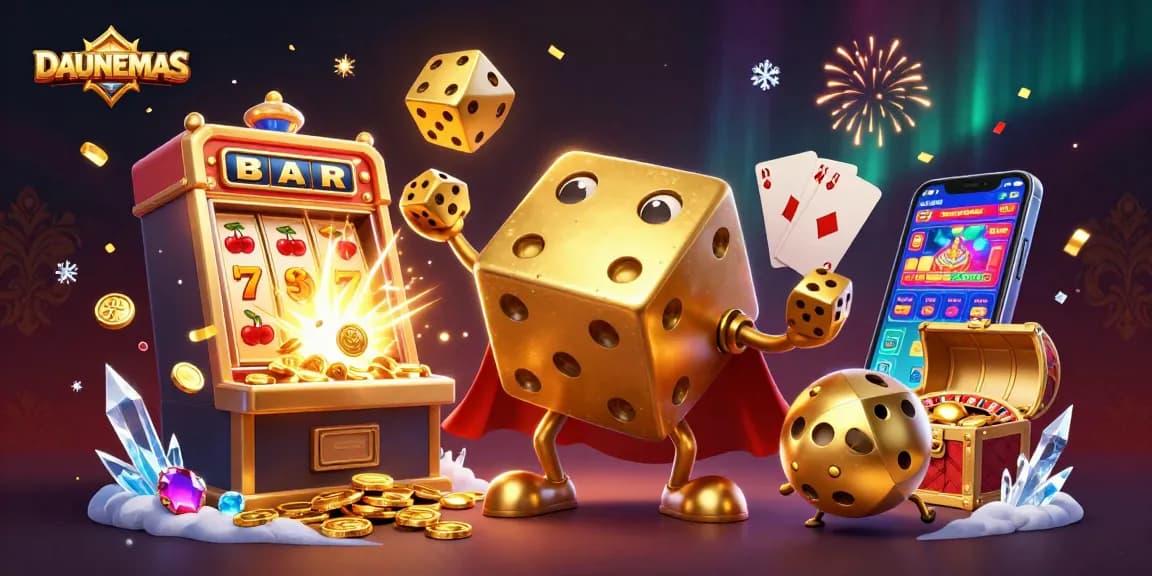 Engaging scene with DAUNEMAS showcasing a golden dice golem and rich casino elements in a vibrant illustration.