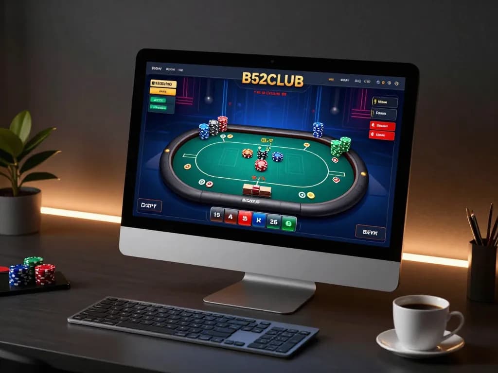 B52CLUB poker game interface displayed on a stylish laptop during strategic online gameplay