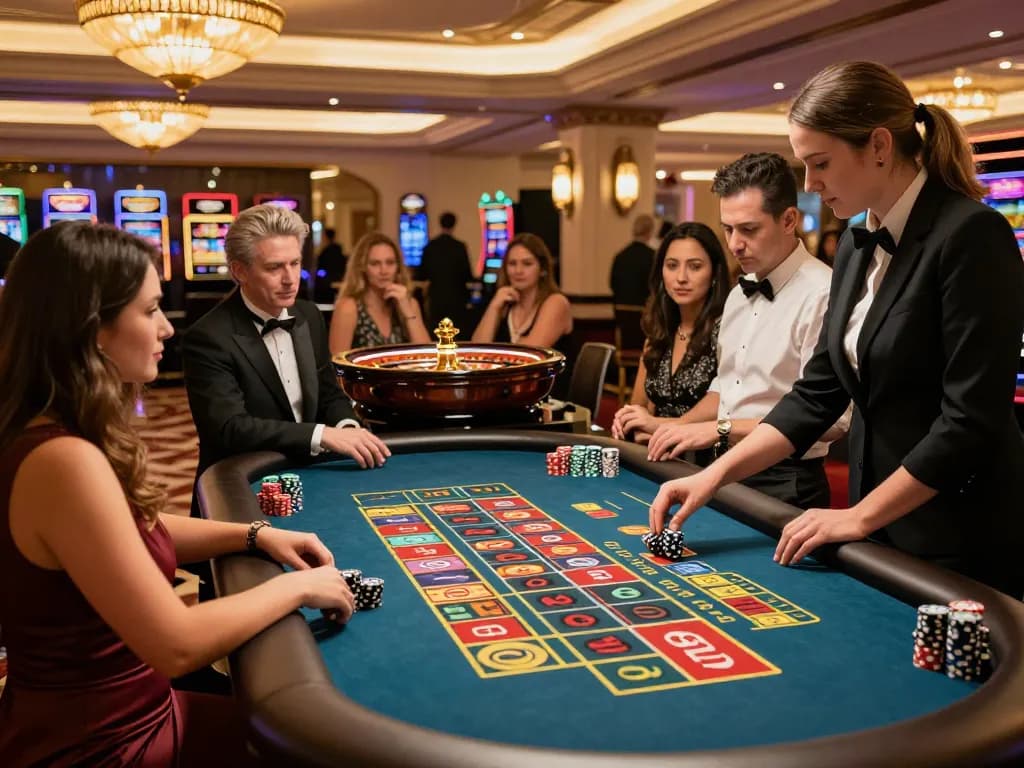 Players engaging in a thrilling roulette game at 388bet casino, chips are placed confidently as the wheel spins.