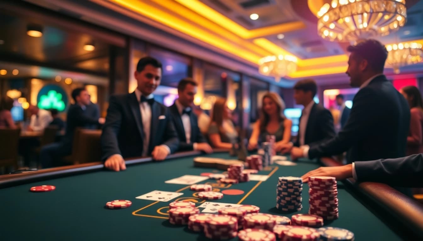 Faszination casino spielen bei einem eleganten Tischspiel mit lebendigen Chips und Karten.