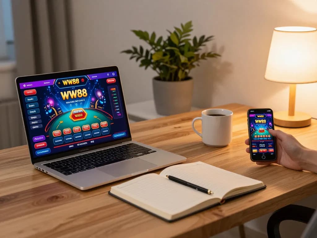 Engaging in a thrilling WW88 online casino game from home with organized gaming setup.