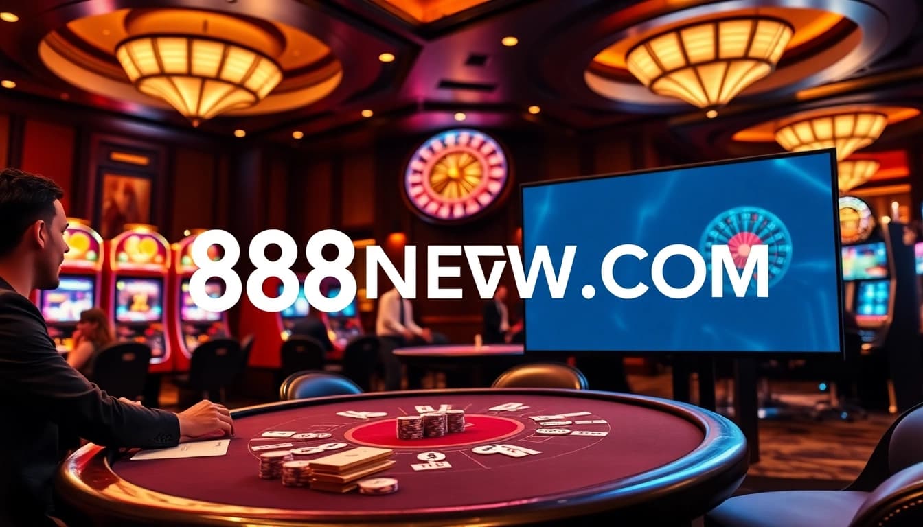 Engage in thrilling casino action at 888NEW COM with poker tables and vibrant slot machines.