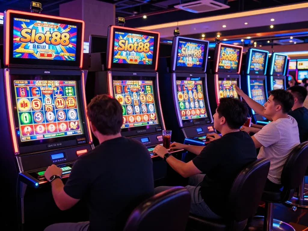 Players engaging with Slot88 machines in a vibrant casino atmosphere exuding excitement and thrill.
