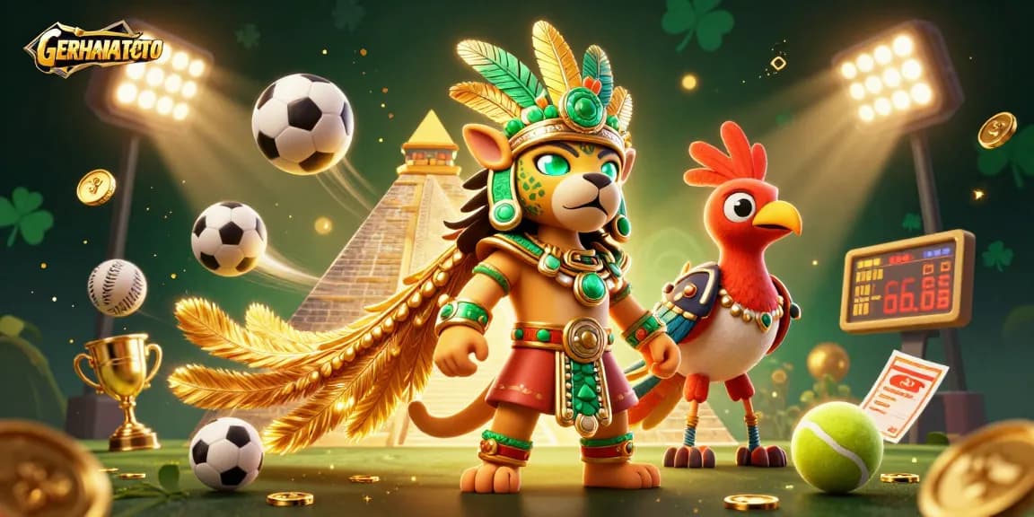 GERHANATOTO menghadirkan suasana taruhan dengan piala emas dan bola olahraga yang dinamis.