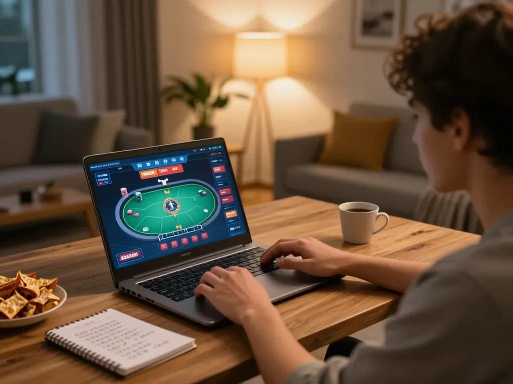 Engaging in online gaming at https://webnk88.net/ with a laptop showcasing a poker game interface