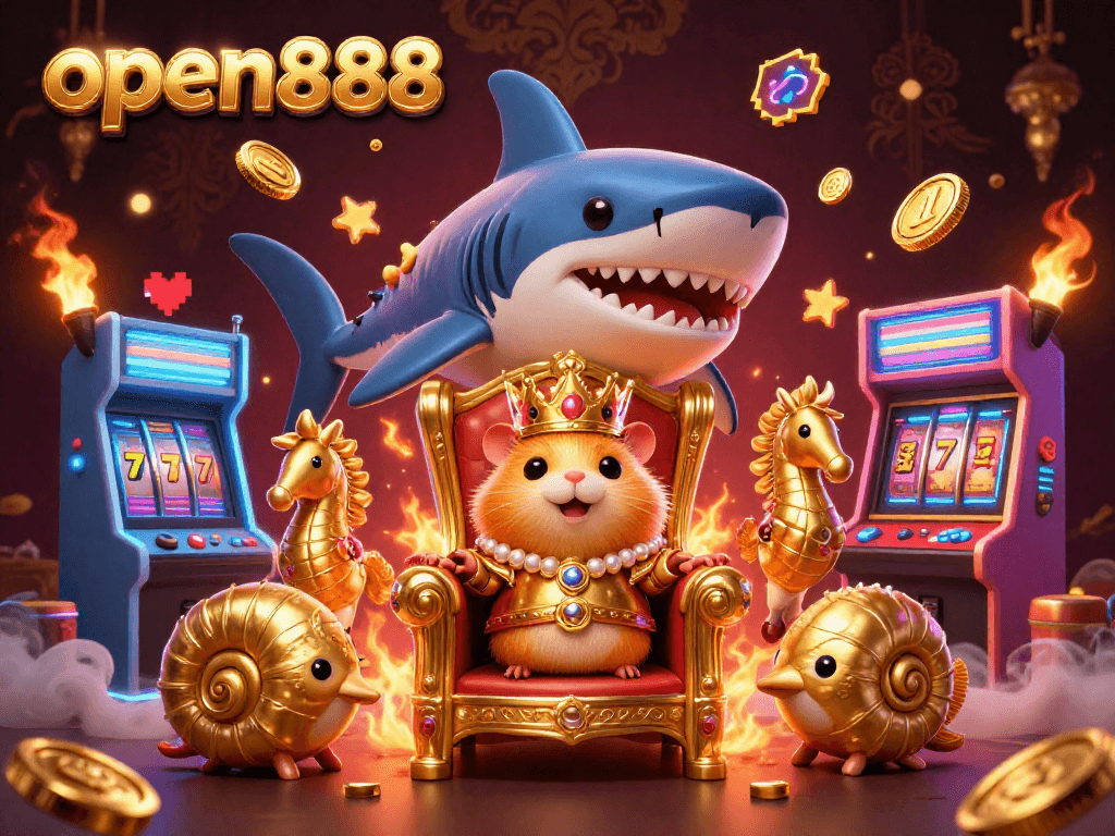 Experience the thrill of open888 as the hamster king and seahorse guards showcase colorful slot game elements.