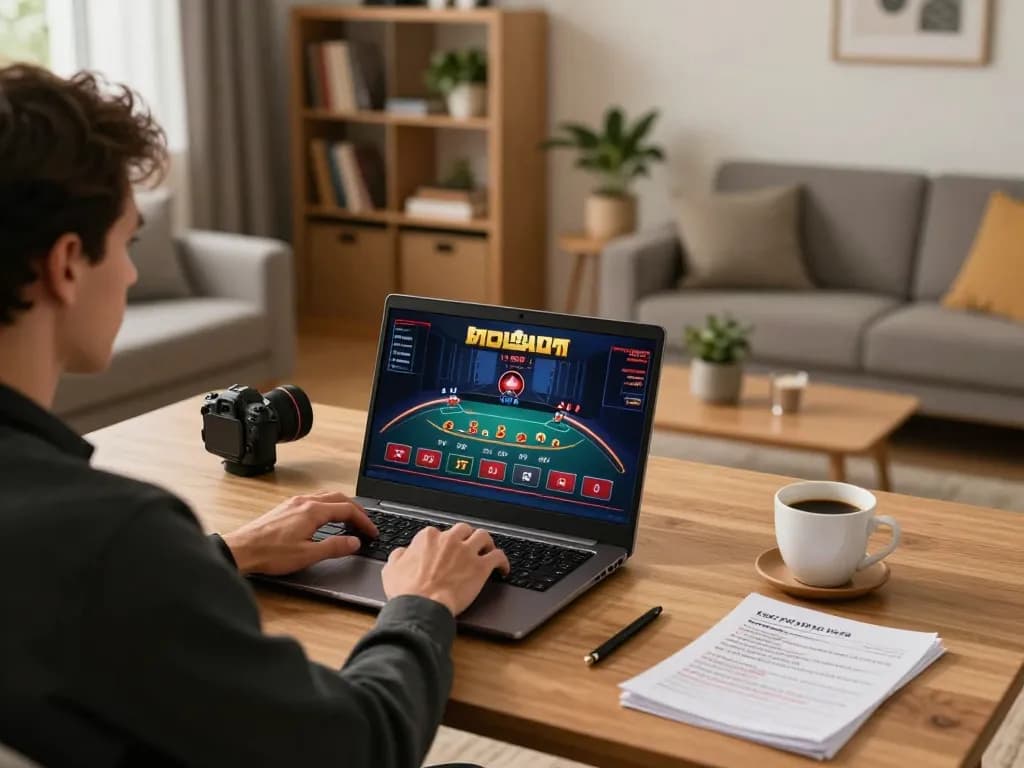 Player enjoying an LV88 online casino game at home, with a laptop and strategic notes.
