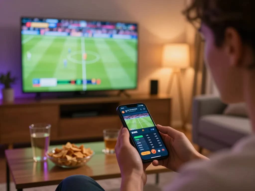 Bsport user placing live bets on a smartphone while enjoying a football match, showcasing an engaging sports betting atmosphere.