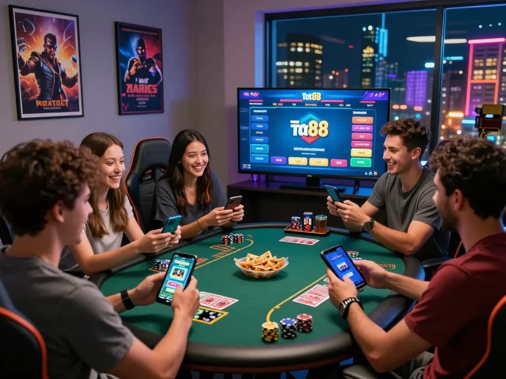Friends enjoying an exciting gaming experience on the tot88 platform in a stylish home setting, modern gaming accessories visible.