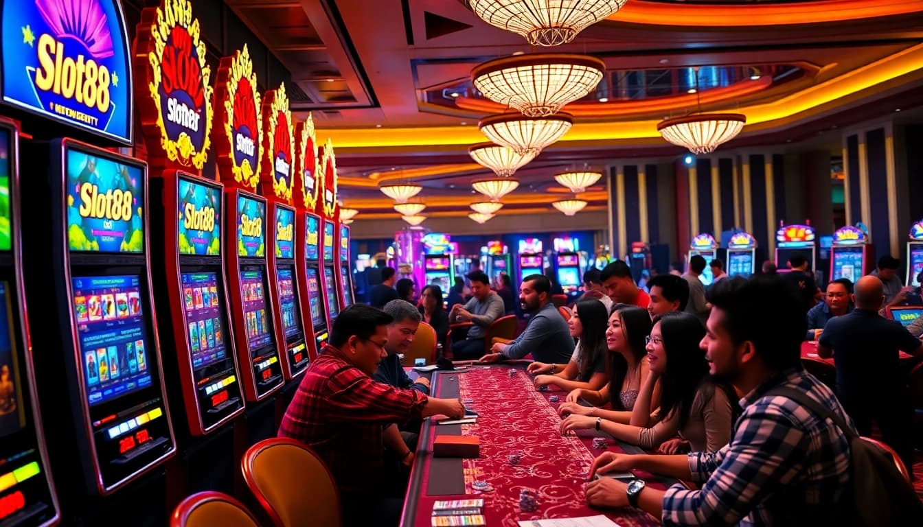 Rasakan kegembiraan di slot88 dengan pemain yang terlibat di mesin dan meja kasino yang ramai.