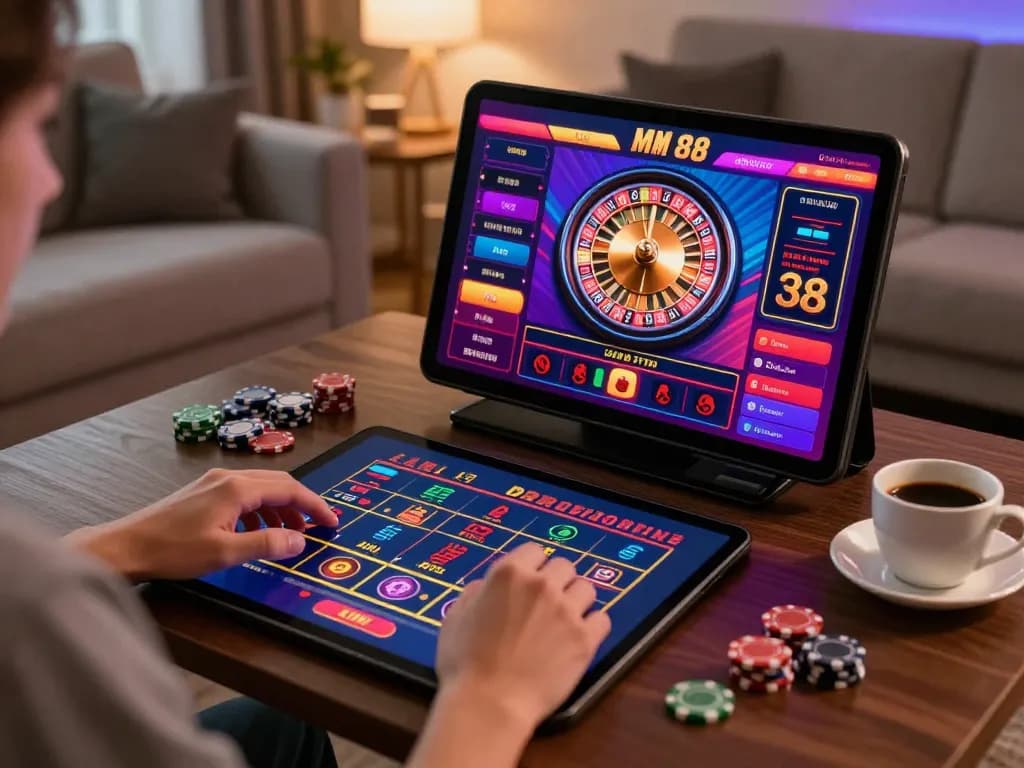 Engaging with MM 88 online casino while enjoying live roulette on a tablet in a cozy home setting.