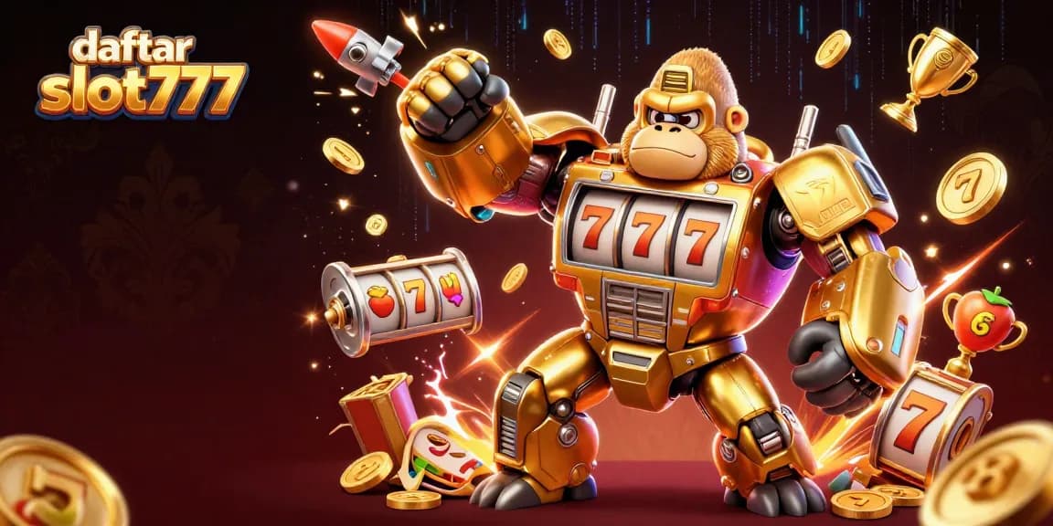 Engage with daftar slot777 as vibrant golden gorilla mechs and slot elements clash in a thrilling casino scene.