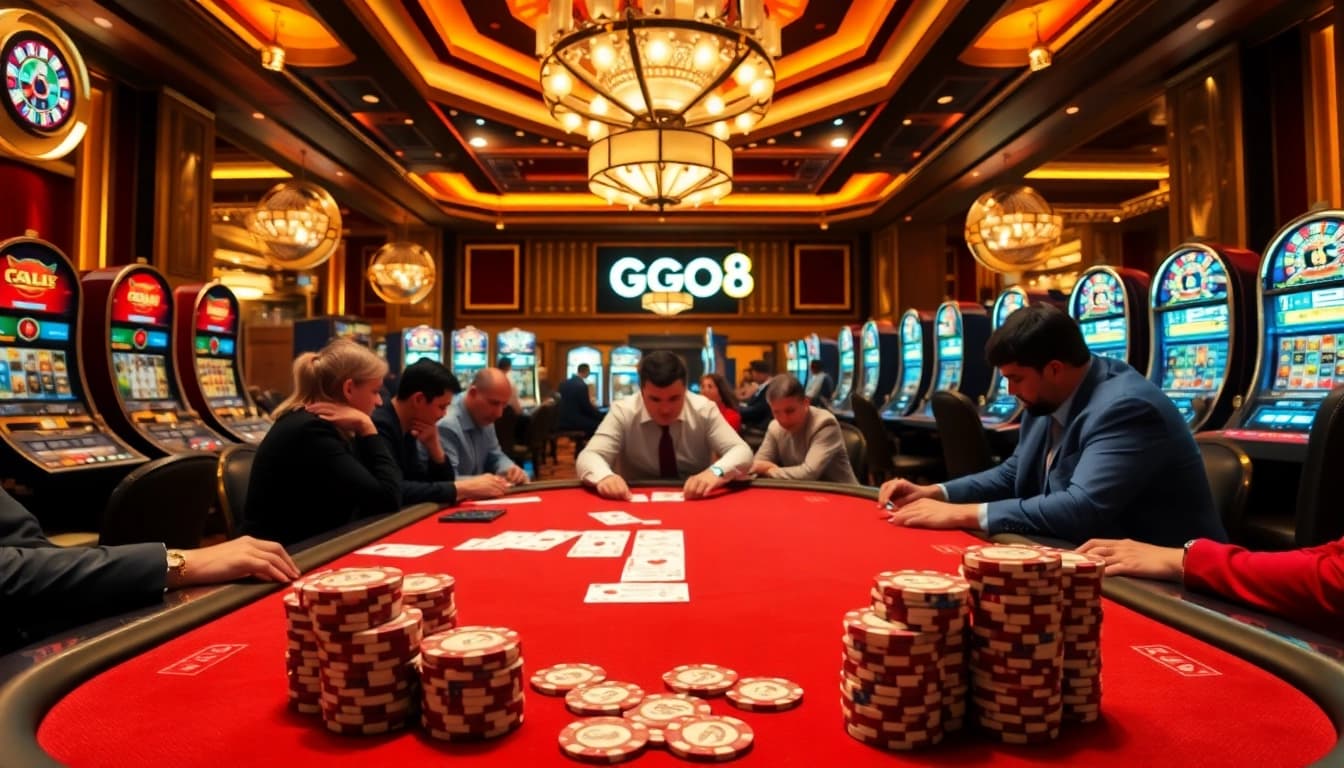 Experience excitement at the GO8 casino with luxurious poker tables and vibrant slot machines.