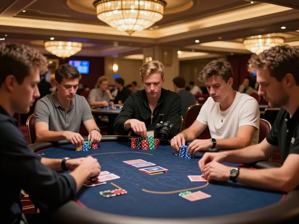 ku88 players actively strategizing at a luxurious poker table in a vibrant casino atmosphere