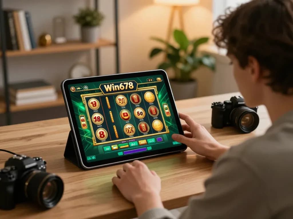 Win678 slot game experience on tablet at home, showcasing vibrant interface and engaged user.