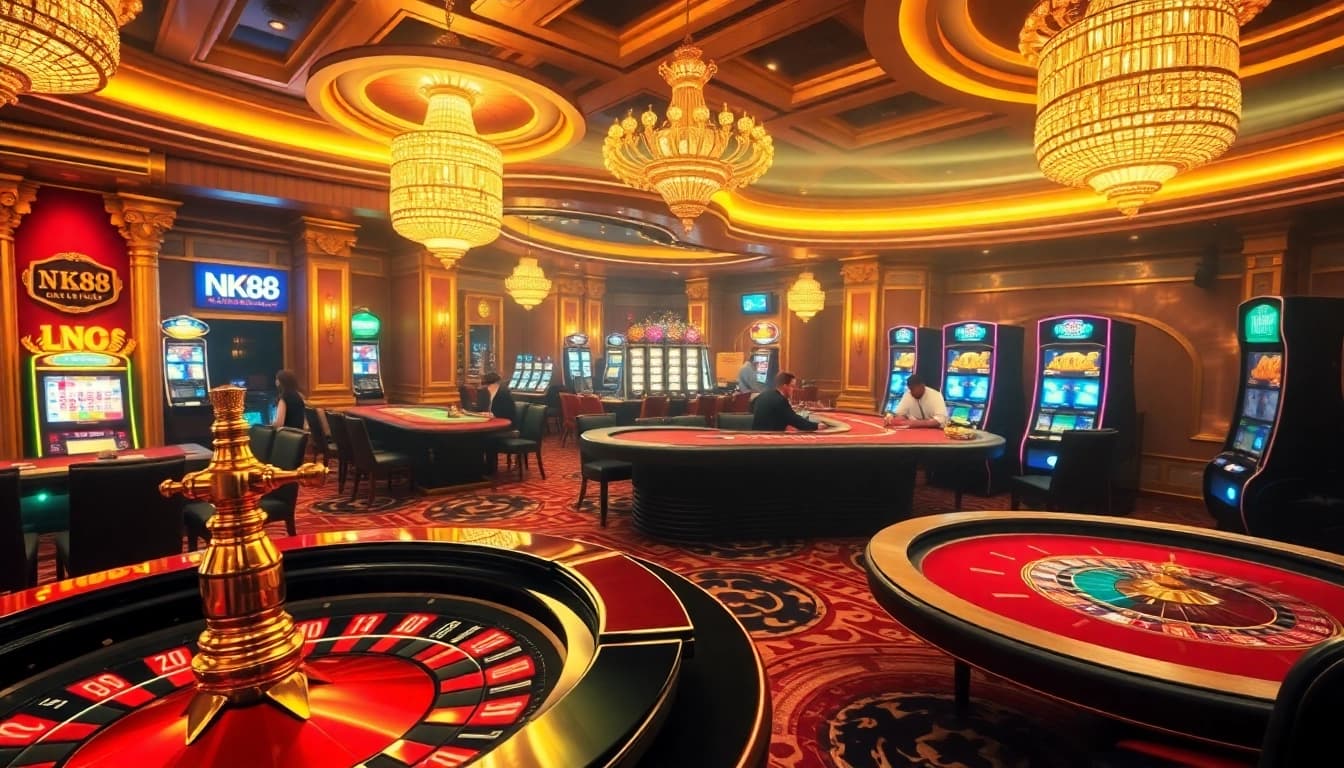 Experience the thrill of NK88 casino with players at a vibrant table and exciting slot machines.