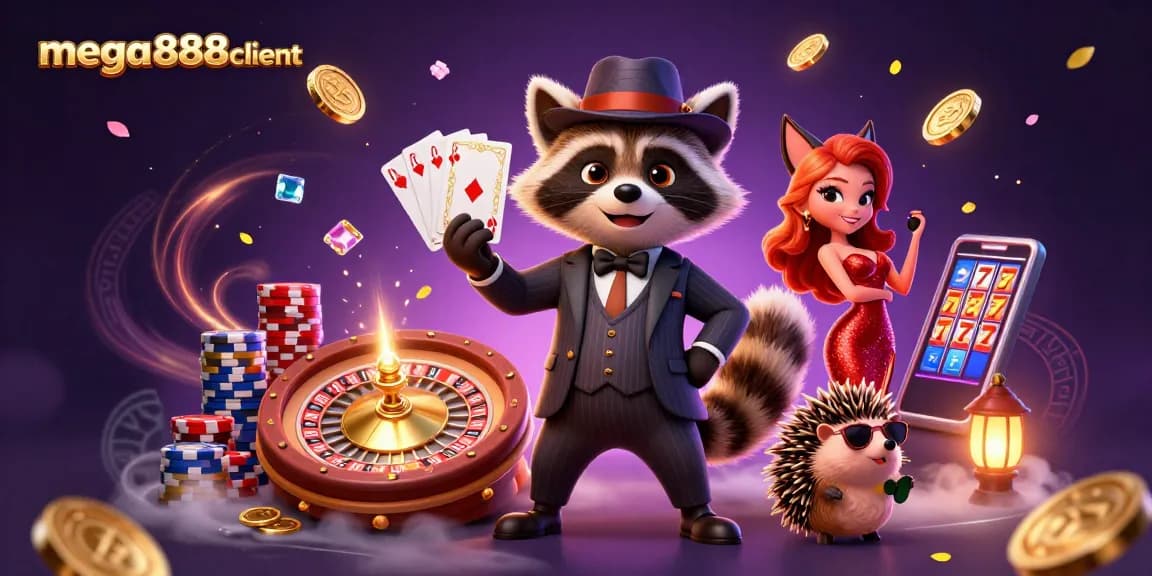 Engage with mega888client as a raccoon holds a royal flush while surrounded by casino elements.