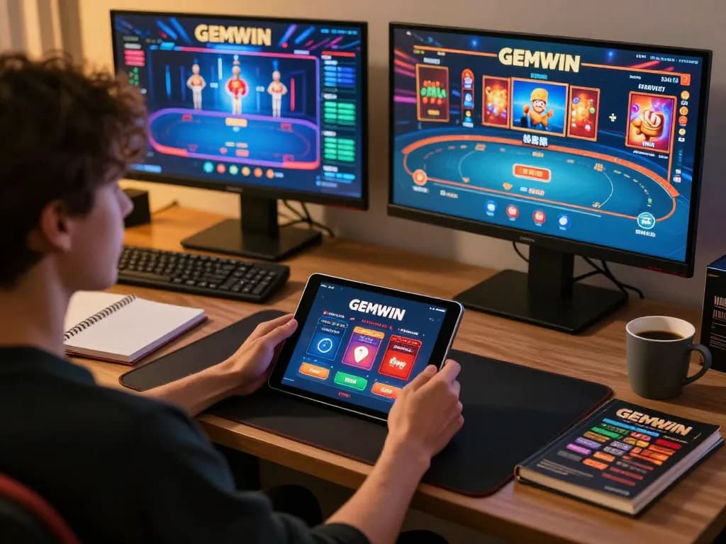 Engaging in online gaming on GEMWIN app with tablet and strategy notes in cozy home setup