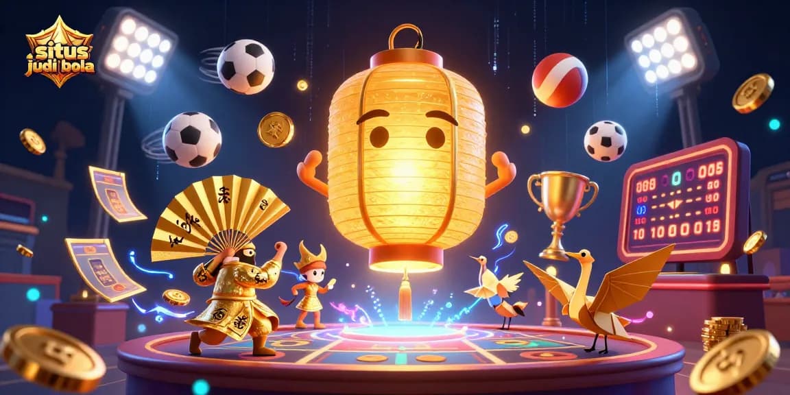Situs judi bola illustrated with a giant golden lantern spirit and dynamic sports elements surrounding a vibrant casino backdrop.