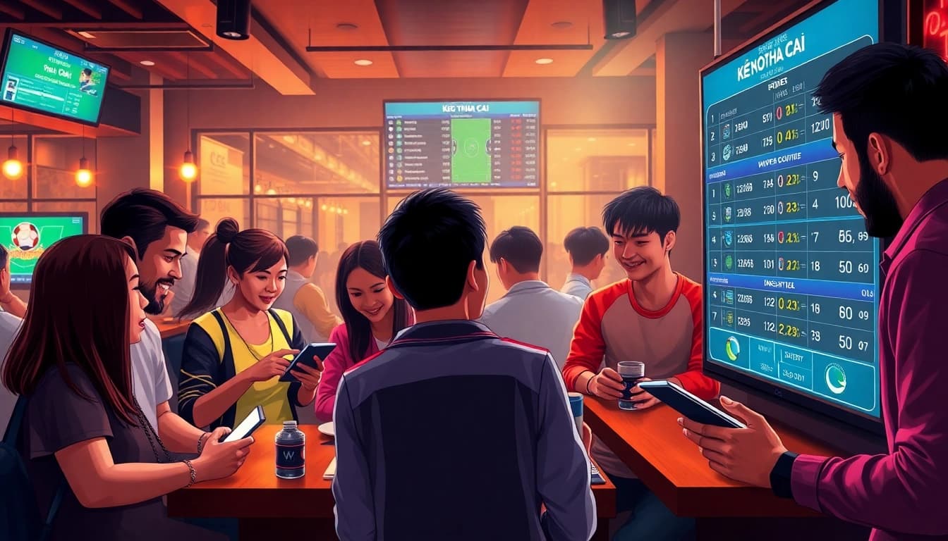 Dynamic sports betting scene showcasing keo nha cai with people engaging in football odds analysis.