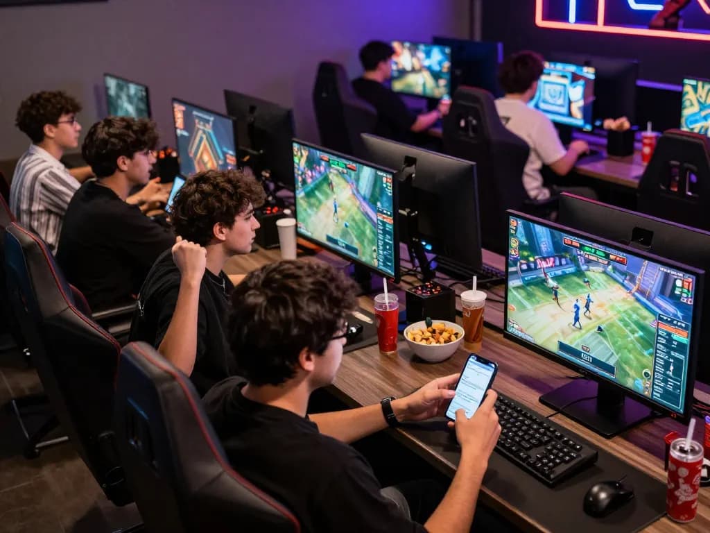 Players engaging in esports betting on MK8, cheering at screens during high-stakes matches.