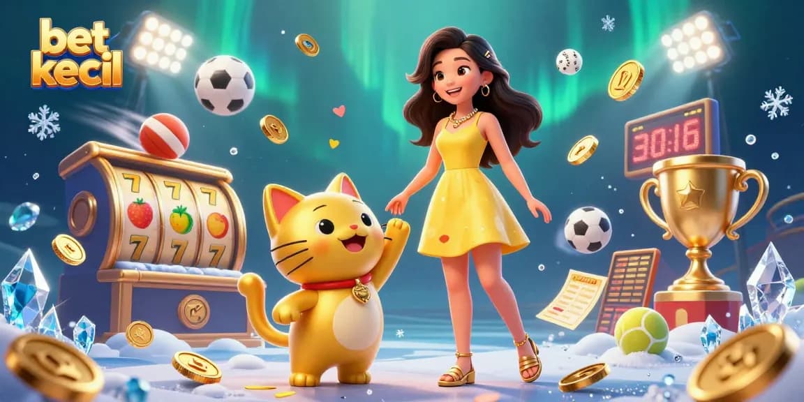 Engage in fun gaming with bet kecil, featuring a cheerful Asian woman with a lucky cat and casino elements.