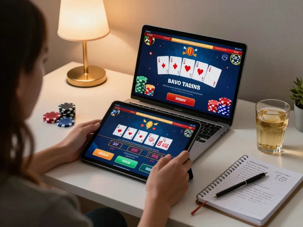 Engaging in online games at trang chủ uu88 with tablet showing live bets and strategies.