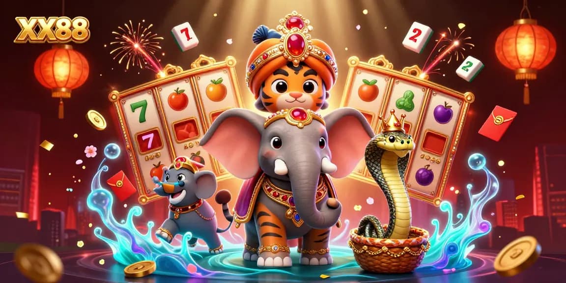 Experience thrilling wins at XX88 with vibrant slot games and dynamic casino elements in a detailed scene.