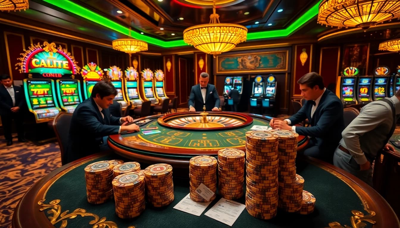 Players enjoying poker and roulette at KP88's luxurious casino atmosphere.