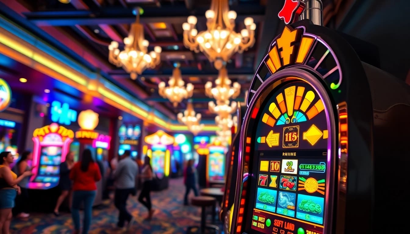 Slot machine yang menarik dengan pemain terlibat di kasino, memancarkan suasana penuh energi.