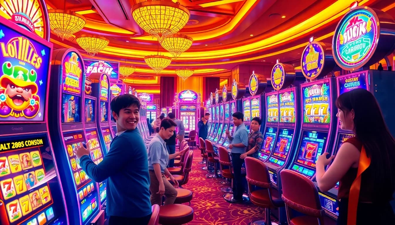 Pemain merayakan kemenangan besar di mesin slot gacor gampang menang di lingkungan kasino yang mewah.
