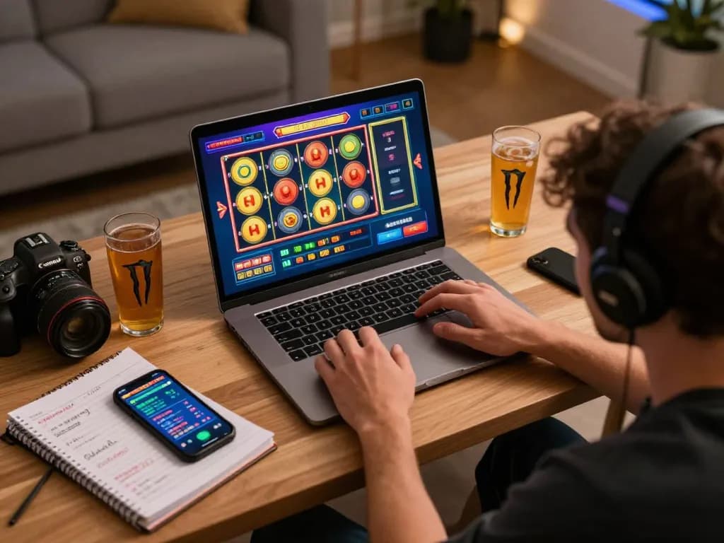 A player enjoys aman788 slot games on a laptop in a cozy home office, highlighting an engaging and responsible gaming atmosphere.